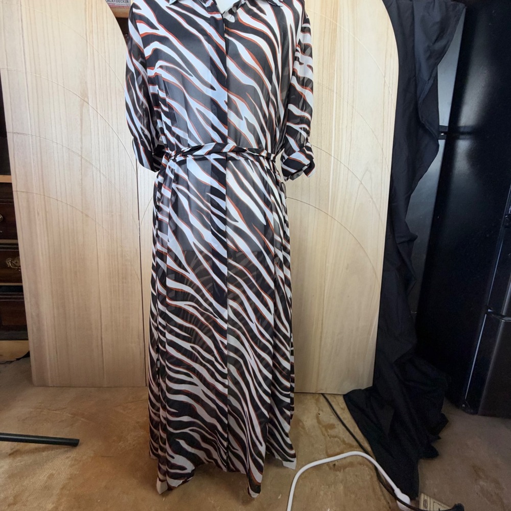 Zebra Print Sheer Maxi Shirt Dress M Black Orange Tie Waist Button Down Duster